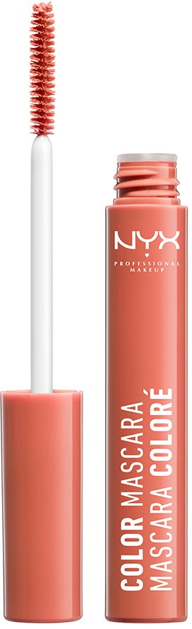 En korallfärgad NYX mascara med borst på, tuben är öppen, märkt 'Color Mascara' och 'Mascara Colore'.
