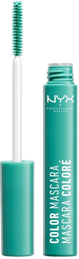 NYX mascara-flaska med borste, turkos färg och vitt text. Borsten har gröna borst.