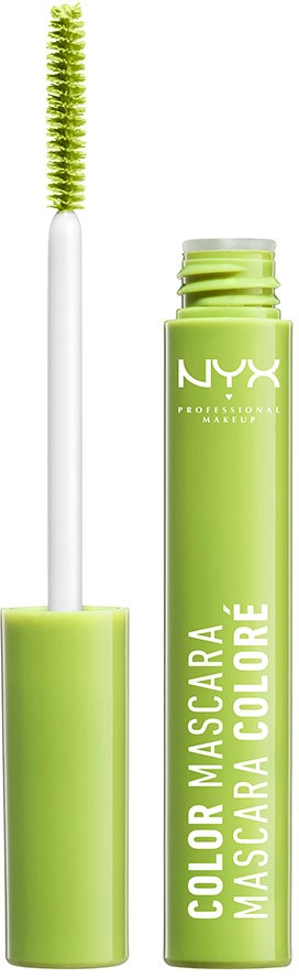 En grön NYX-mascaratub med en vit vipp som visar en grön mascaraborste.