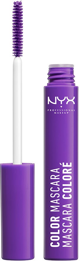 Ljuslila mascara-rör med borste som visar. NYX-logga på röret. Texten är på spanska, säger "Color Mascara".