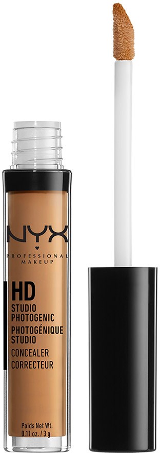 A NYX concealer with a wand applicator, black cap, and beige liquid inside. It is a makeup product.