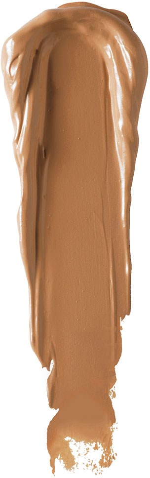A vertical swatch of light brown liquid makeup or foundation with some streaks and a creamy texture.