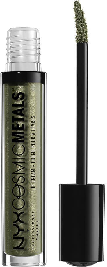Vihreä huulikiiltoputki, jossa lukee 'NYX Cosmic Metals' ja sivullaan aplikaattori.