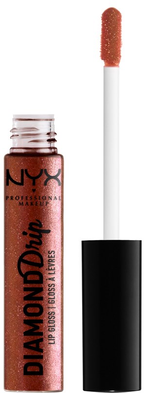 En NYX läppglansrör med en applikator som visar glittrig, persikofärgad gloss.