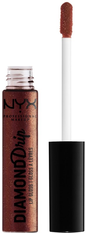 A liquid lip gloss in a clear tube with a black cap and an applicator wand. The gloss is sparkly brown.