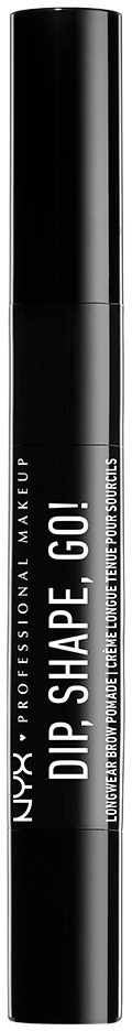 Czarny cylindryczny produkt do makijażu z białym tekstem, nazwany "DIP SHAPE GO!" od NYX, stojący pionowo na czarnym tle.