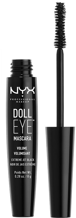 Eine schwarze Tube NYX Doll Eye Mascara mit langem Bürstenausgang.