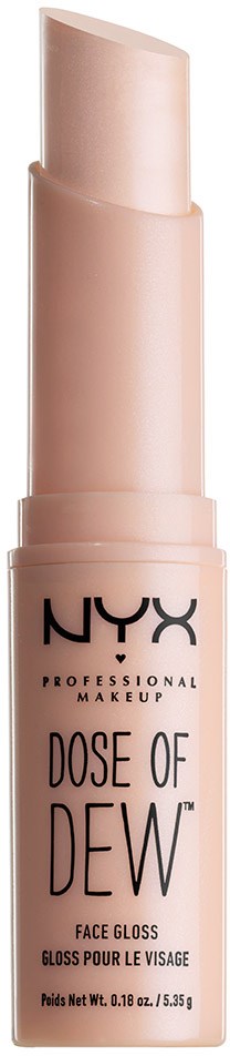Et NYX sminkeprodukt kalt Dose of Dew Face Gloss i et lyse rosa rør.