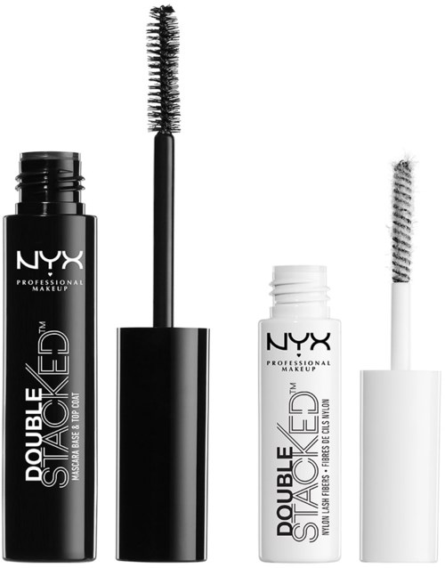 Två NYX Double Stacked mascaratuber med borstar, en svart och en vit, står uppradade.