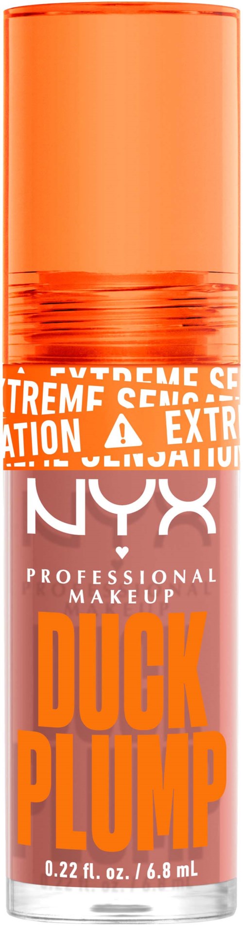 Een NYX make-upstick met de tekst 'Duck Plump' in oranje en wit, bedoeld voor lippen of gezicht.