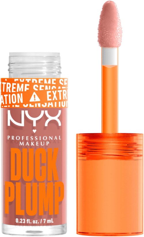 Błyszczyk do ust z puszystym różowym aplikatorem i przezroczystym pojemnikiem z pomarańczowym tekstem. UKX profesjonalny makijaż Duck Plump.