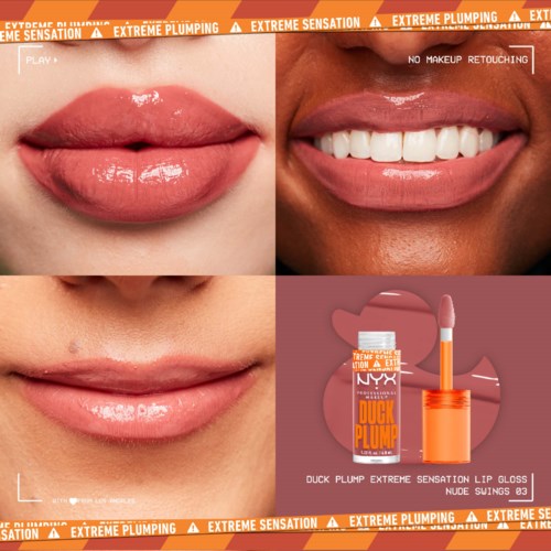 Vergelijking van lippen voor en na gebruik van lipgloss voor een vollere, glanzende look. Bevat een afbeelding van het lipglossproduct.