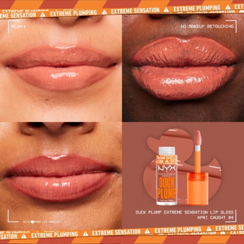 Twee close-up foto's tonen lippen met glanzende lippenstift, een lichter en een donkerder, plus een lipglossproduct.