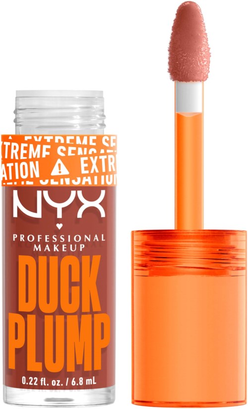 Vloeibare lippenstift met felle oranje verpakking en een pluizige applicator.
