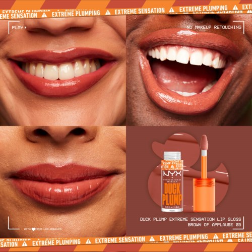 Close-up foto's van lachende lippen en een lipgloss genaamd Duck Plump Extreme Sensation.
