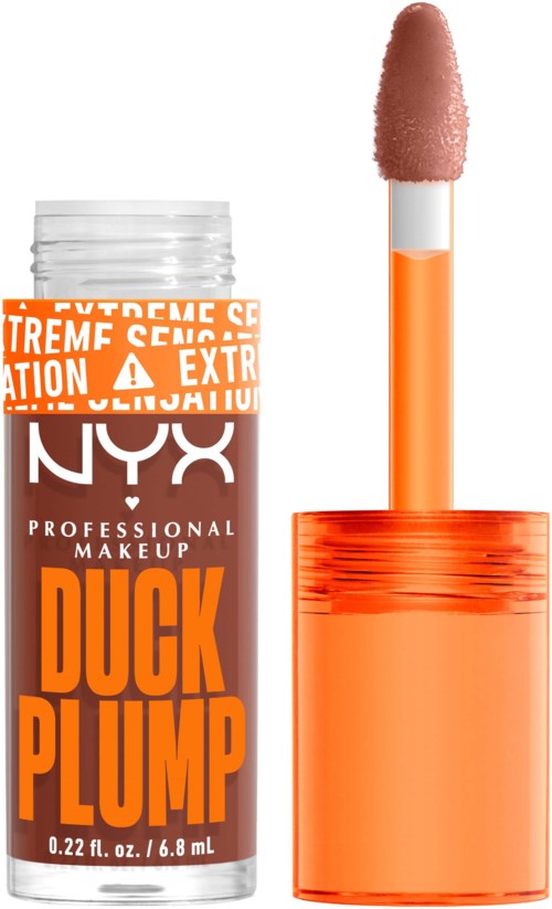 Lippengloss met een oranje buis en een zachte applicatorborstel. Label vermeldt 'DUCK PUMP' en 'NYX PROFESSIONAL MAKEUP'.
