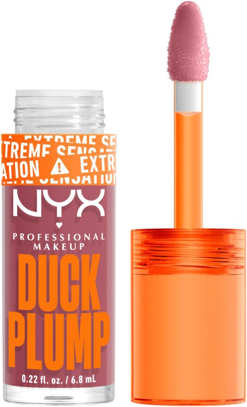Lip gloss with pink color and orange packaging, labeled as NYX professional makeup Duck Plump, includes an applicator.
