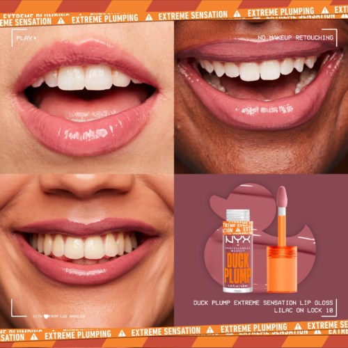 A collage showing smiling mouths, lip gloss, and a lipstick tube with an orange case. Text mentions "Extreme Plumping".
