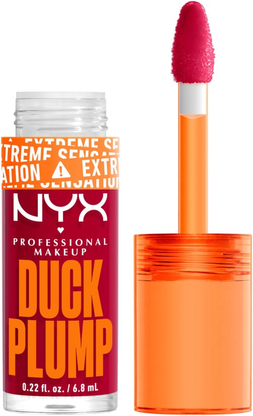 Een NYX lipglossfles met de tekst "Duck Plump" en een roze sponsapplicator.