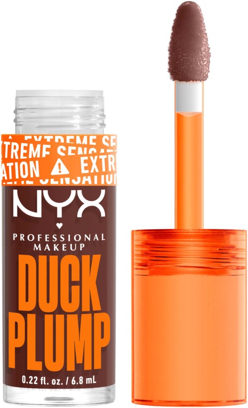 Een fles NYX Duck Plump lipgloss met een applicatorstaaf die een roze tint laat zien.