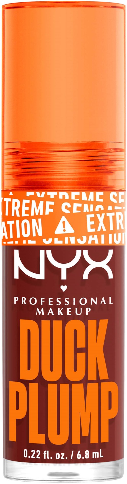 Lipgloss tube met label 'NYX Professional Makeup Duck Plump' in oranje en wit.