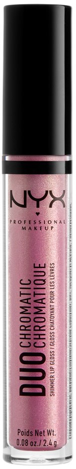 En NYX leppeglansflaske i rosa med svart lokk, med tekst som viser produkt- og merkevarenavn på forsiden.