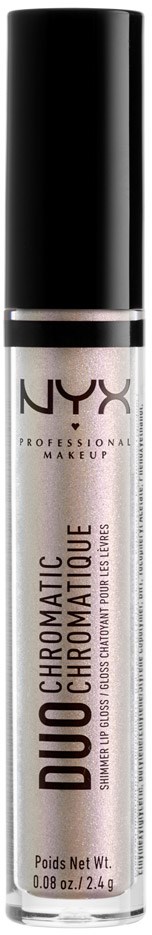 En NYX leppeglans i en klar tube med svart hette, merket 'Duo Chromatic Bubble'.