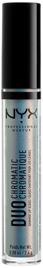 En sølv- og svart NYX sminkesprayflaske med produktnavnet 'DUOCHROMATIC CHROMATIQUE'.