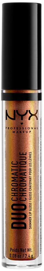 En tube med NYX leppglans i gjennomsiktig beholder med svart kork, merket 'Duochromatic Lip Gloss'.
