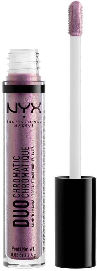 Leppglansetube med påføringspensel, rosa glans, NYX-logo og produktnavn Duo Chromatic Chrome Au Naturel.