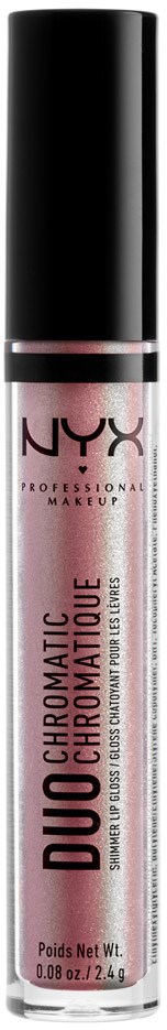 En tube med NYX leppglans merket 'Duo Chrome' med svart lokk og rosa gloss inni.