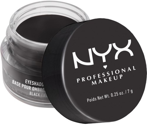 Black eyeshadow in a small jar with a black lid, labeled NYX Professional Makeup.