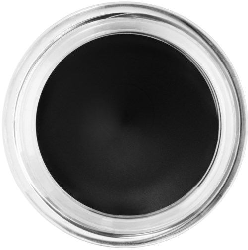 A top view of a black coffee or tea in a round glass cup with a clear rim.