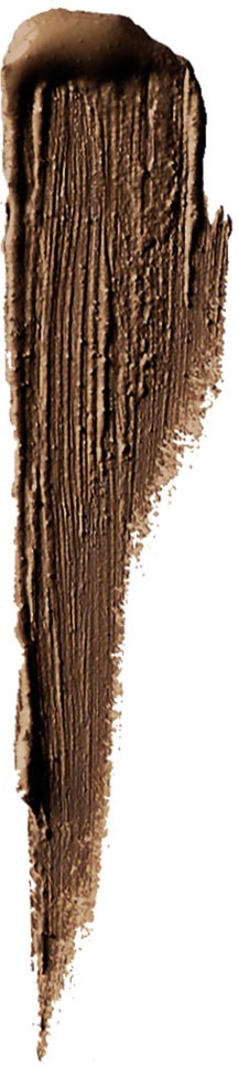 Ein Streifen braunen Make-up oder Creme auf einer weißen Oberfläche, mit Verunreinigungen und strukturierter Optik.