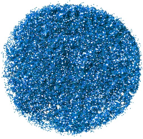 Een ronde stapel glinsterende blauwe glitterdeeltjes. Klein, glanzend en sprankelend overal.