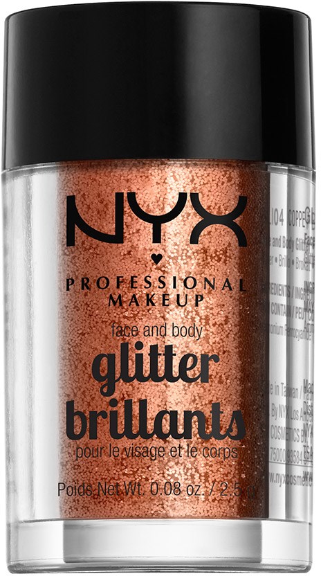 Een flesje NYX Professional Makeup Glitter Brillants, glinsterende poeder erin, zwarte dop, doorzichtige container, merknamen en productgegevens.