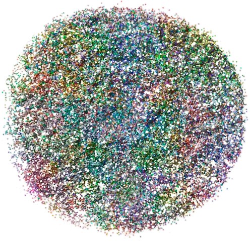 En stor, rund hög av flerfärgad glitter med glänsande och glittriga partiklar.