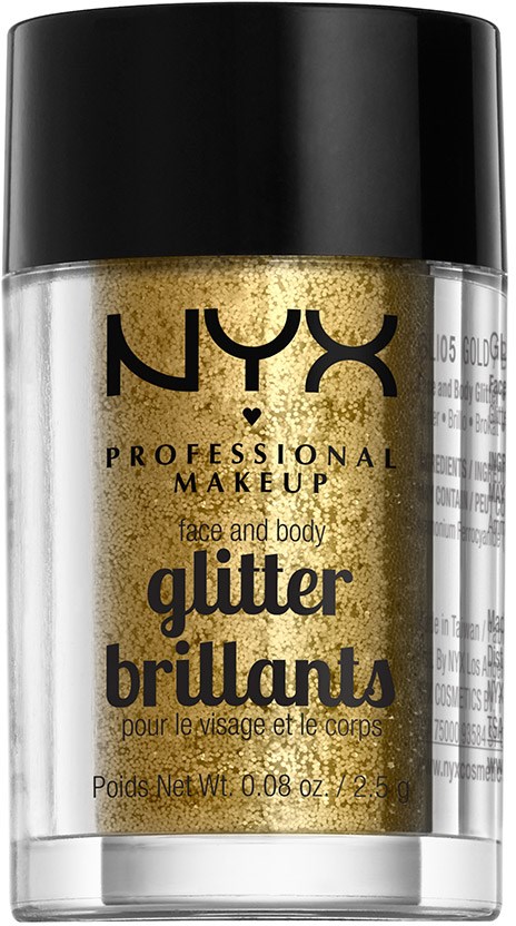 En liten genomskinlig burk med guldglitter, svart lock och etikett som visar 'NYX' och 'glitter brillante'.