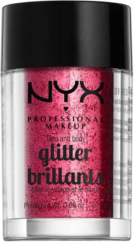 En liten tydlig behållare med rosa glitterpulver och svart lock, märkt NYX Professional Makeup Glitter Brillants.