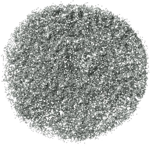 Tippukasa hopeista glitteriä, jossa on pieniä, kiiltävän näköisiä partikkeleita, muoto on pyöreä.