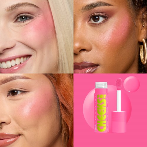 Tre kvinner med ulike hudtoner, nære ansiktsbilder, som viser sminke og forberedelser, med en rosa leppglansflaske.
