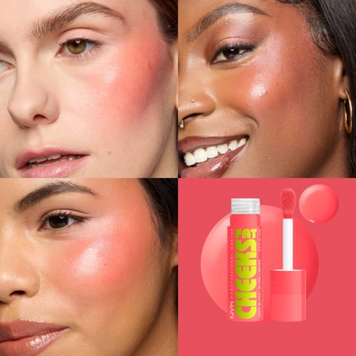 Twee vrouwen met verschillende huidskleuren worden getoond, een met lichte huid en de ander met een donkere huid. Rechts onder toont een lipgloss.