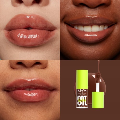 Close-up of lips with shiny, pink lip gloss and a nail polish bottle with a brush.
