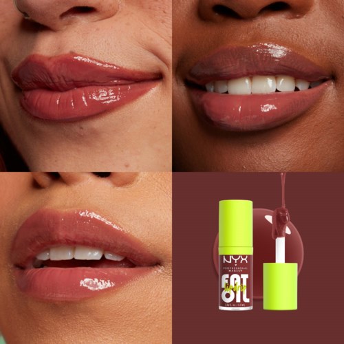 Zbliżenie błyszczących ust przed i po nałożeniu błyszczyka do ust z produktem NYX lip oil.