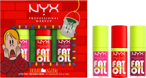 NYX läppglansflaskor framför en dekorativ bakgrund med en tecknad flicka och julbelysning.