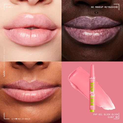 Lippen met lipgloss op verschillende huidtinten, glanzend en glad met een roze tint. Een lipglossstift wordt ook getoond.