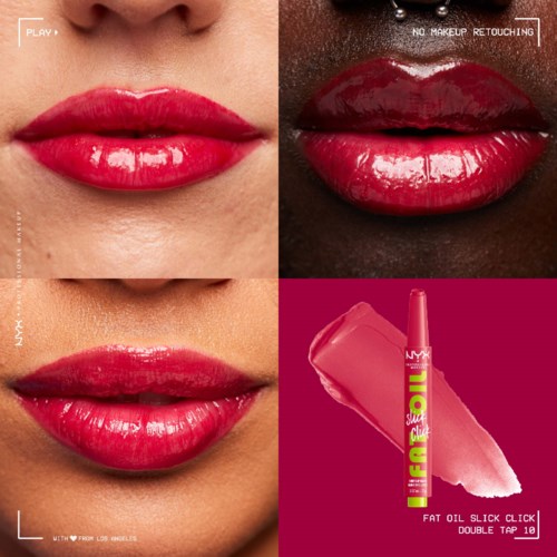 Close-up van lippen met glanzende rode lippenstift in verschillende huidtinten en een lipgloss.