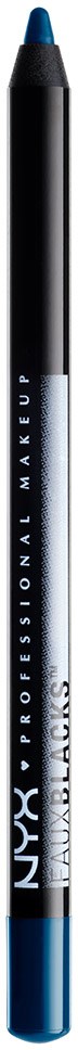 En blå och svart makeuppenna står vertikalt med NYX-loggan och produktnamnet på sig.
