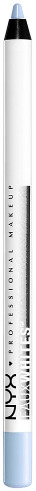 A NYX eyeliner pencil with a white body, black cap, and blue tip for makeup application.