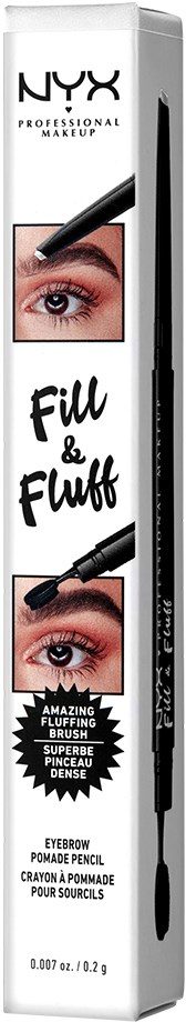 Eine weiße NYX-Makeup-Box mit Augenbildern, Text 'Fill & Fluff' und einer kleinen Pinselillustration.